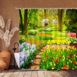 EVRCVAR Spring Garden Shower Curtain Tulip Nature Flowers Scenery Plants Polyester Fabric Bathroom Decoration with Hook(70" WX70 H)