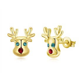 Hypoallergenic Stud Earrings 14K Cute Small Animal Christmas CZ Reindeer Studs Earrings Gifts for Women (Yellow Gold)