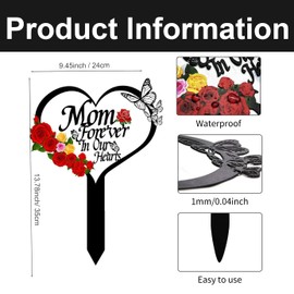 MTOPHLS Heart Memorial Grave Markers for Cemetery, Metal Memorial Plaques Stake Grave Decorations with Rose and Butterfly for Mom Outdoors Yard Garden Sympathy Decor