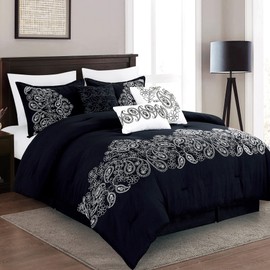 Chezmoi Collection Linz 7-Piece Black/White Paisley Floral Scroll Embroidered Comforter Set, King