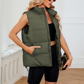 American Trends Oversized Puffy Vest for Women Sleeveless Down Puffer Vest Zipper Coats Puffer Jacket Pocket Outwear Army Green XL