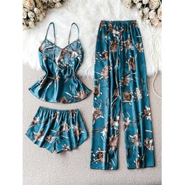 WDIRARA - Conjunto de pijama de satén de 3 piezas para mujer, estampado floral, sin mangas, playera y pantalones cortos, ropa de dormir con pantalones largos, Azul Teal, M