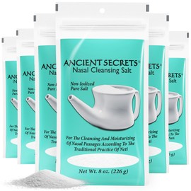ANCIENT SECRETS Nasal Cleansing Salt, Non-Iodized, 6-Pack – USP-Grade Sodium Chloride for Any Neti Pot, Sinus Irrigation System, 8 Oz Ea