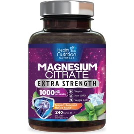 Health Nutrition Naturals Cápsulas de citrato de magnesio de 1000 mg: polvo de magnesio de máxima absorción para fortalecer músculos, nervios, huesos y corazón. Complejo de citrato de alta absorción