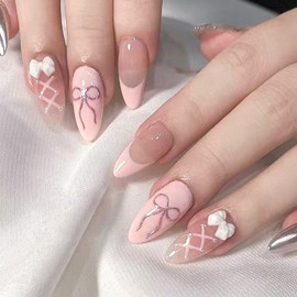 Pink French Tips Press on Nails Medium Almond Fake Nails with Design Bows Glue on Nails Ribbon Stick on Nails Glossy Spring Nails Reusable Summer False Nails for Women Girls Manicure 24pcs