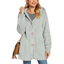 Bestbee Warm Fleece Jackets for Women, Plus Size Fuzzy Hooded Casual Coats Lidies 2024 Cardigan Sweaters Outerwear with Pockets, XL, Silver Grey