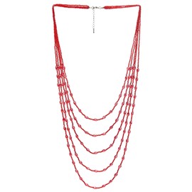 COOLSTEELANDBEYOND Red Oval Beads Statement Necklace Multi-Strand Long Chains with Crystal Charms Pendant (CA)