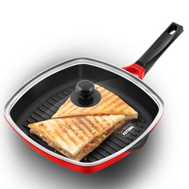 HAWKINS Grill Pan, Non Stick Die Cast Grilling Pan with Glass Lid, Square Grill Pan for Gas Stove, Ceramic Coated Pan, Roast Pan DCGP30G Red 30 cm