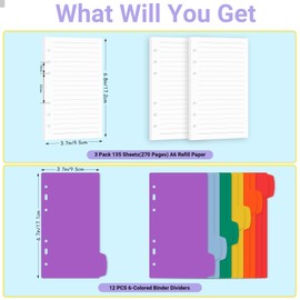 Antner A6 Lined Refill Paper 6-Hole Planner Inserts for A6 6-Ring Refillable Notebook Binder, 135 Sheets/270 Pages Wide Ruled Loose Leaf Filler Paper with 12 PCS Binder Dividers for Journal Notes
