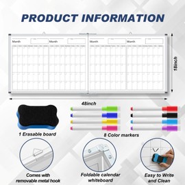 Lincia 48" x 18" Magnetic Horizontal 4 Month Dry Erase Calendar for Wall Undated Dry Erase Planner Aluminum Frame Whiteboard Calendar for Home School Office Projects Wall Fridge