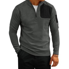 Yousify Mens Quarter Zip Sweatshirt Long Sleeve Mock Neck Casual Pullover Polo Golf Shirts with Pocket Gray