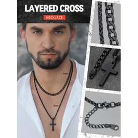 FaithHeart Simple Black Cross Necklace for Men, Simple Christian Protection Amulet Pendant Necklaces, Layered 6mm Wide Cuban Chains for Boyfriend