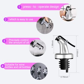 FCAIBEAR 7-Pack Professional Oil Pour Spouts - Extra Wide Mouth for Syrup & Soy Sauce Bottles + Standard Wine Stoppers (Silver)