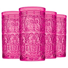 Godinger Highball Drinking Glasses, Tall Glass Cups Vintage Design - Jax Collection, Hot Pink, Set of 4