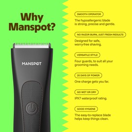 MANSPOT Manscape Groin & Body Hair Trimmer for Men, Electric Ball Pubic Trimmer Shaver,Manscape Kit with 4 Guard,Replaceable Ceramic Blade Heads,Waterproof Wet/Dry Shaver,90 Minutes Shaving