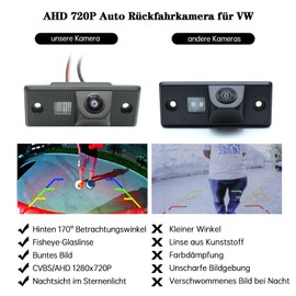 AHD 720P Auto Rückfahrkamera für VW Golf Passat Tiguan Touran Polo Touareg, Skoda Octavia Superb Fabia, Cayenne Panamera Cayman, Seat ab2005 170 Grad Fischaugen Objektiv Auto-Rückfahrkamera