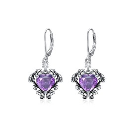 Lvoryance 2ct Natural Amethyst Earrings 925 Sterling Silver 8mm Heart Cut Purple Amethyst with Vintage Filigree Dangle Earrings for Women, Sterling Silver, Amethyst