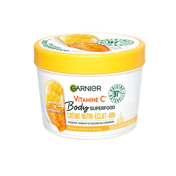 Garnier Body Superfood Nutri-Radiance Body Cream - Mango & Vitamin C - 48H Hydration - 97% Natural Ingredients - For All Skin Types - 380 ml