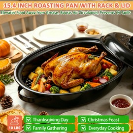 15.4” Turkey Roasting Pan With Rack and Lid, Enamel Carbon Steel Roaster Pan with Lid, Roast Pan For Turkey, Chicken, Vegetables, Casserole, Lasagna, Sourdough Bread