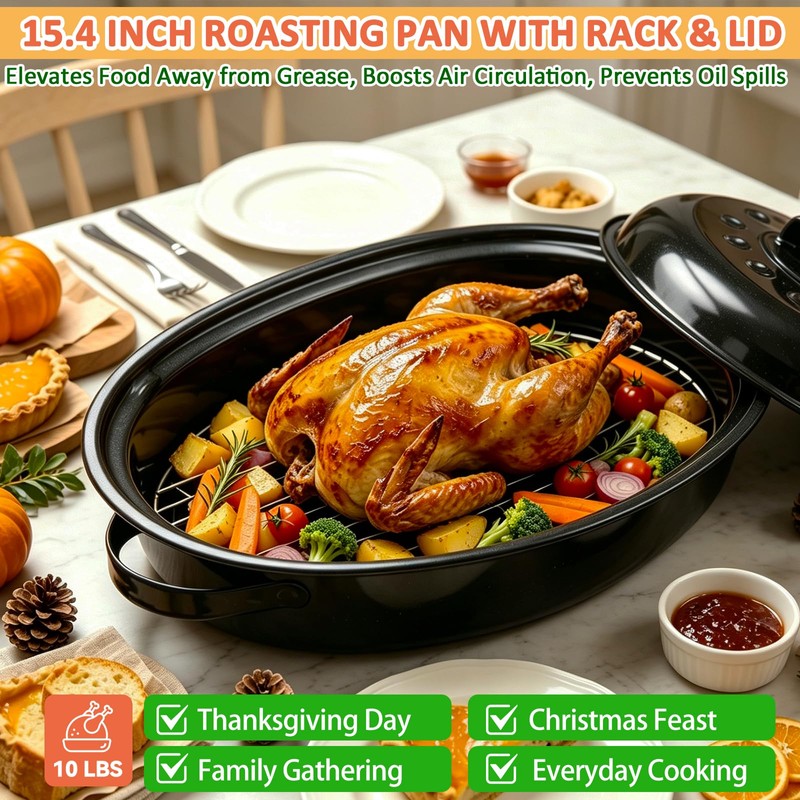 15.4” Turkey Roasting Pan With Rack and Lid, Enamel Carbon