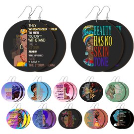 Hinly 12 Pairs African American Earring for Black Women Black History Month African Earrings Kwanzaa Gifts Motivational Theme Earrings Round Wood Painted Dangle Decoration