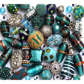 Large 150g Pack Mixed Indian Glass Lampwork Beads Wood Indonesian & Tibetan Jewellery Making Beads (Aqua)