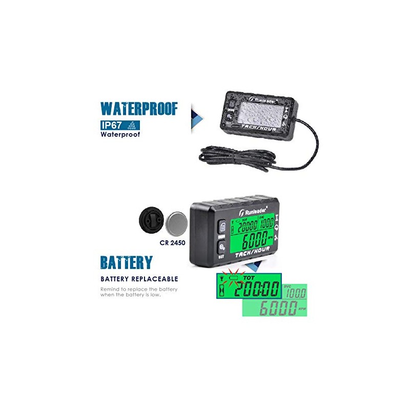 Runleader Hour Meter Tachometer, Maintenance Reminder, Alert RPM Reminder, Initial
