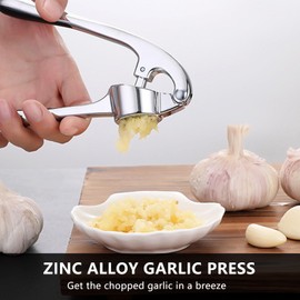 Oiieco Garlic Press Set, Garlic Crusher Mincer Dual Function Heavy Duty Home Kitchen Utensils Gadgets with Cleaning Brush Garlic Peeler for Fine Mincing, Easy to Clean Rust-Proof Silver