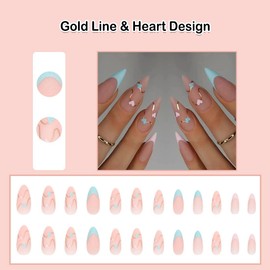 ANDGING Pink Almond Press on Nails Short French Tip Medium Glue on Nails for Women Stiletto Fake Nails with Flower Designs Artificial Stick on Nails Gel Manicure Acrylic False Nails for Wedding