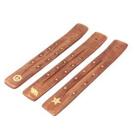 Tuzech Wood Incense Stick Holder Wooden Incense Burner Ash Catcher Incense Holder for Sticks with Inlays of Brass Assorted Styles Simple and Elegant Home Decoration 10 Inches Long Set of 3