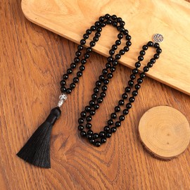 Hovaete 108 Mala Prayer Beads Necklace Natural Stones Meditation Yoga Jewery 108 Hand Knotted Japa Mala Beaded Long Tassel Necklace with Tree of Life Pendant for Men and Women (8mm Black Onyx)