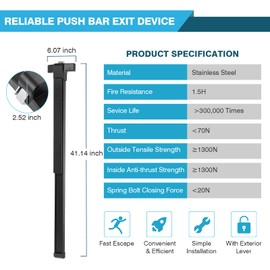 IRONWALLS Panic Bar Exit Device Black, 41” Commercial Door Push Bar Panic Exit Device with Exterior Lever, Stainless Steel Emergency Door Push Bar Door Locks for 41”-53” Doors