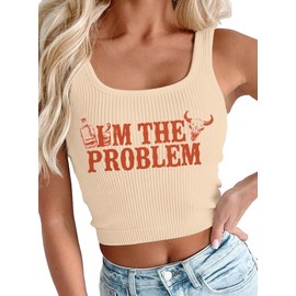 SFHFY I'm The Problem Tank Women: Western Cowgirl Shirts Country Concert Outfits Vintage Summer Sleeveless Crop Tops Apricot
