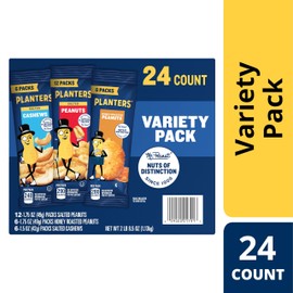 PLANTERS Variety Packs (Salted Cashews, Salted Peanuts & Honey Roasted Peanuts), 24 Packs - Individual Bags of On-the-Go Nut Snacks - No Cholesterol or Trans Fats - Source of Fiber and Healthy Fats