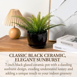 MyGift 7 Inch Round Black Gloss Ceramic Plant Pot with Drainage Hole and Attached Saucer, Modern Decorative Embossed Sunburst Planter Container for Indoor Home Garden