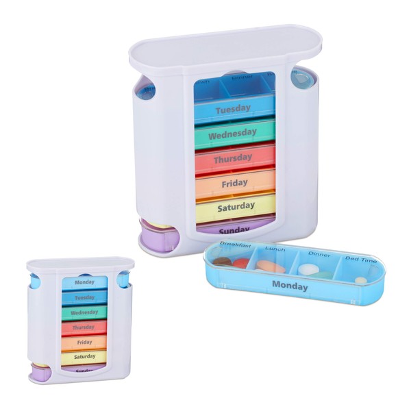 Relaxdays 2 x 7 Day Weekly Pill Box 4 Compartments English Medicine Box Slide Lid White/Multi