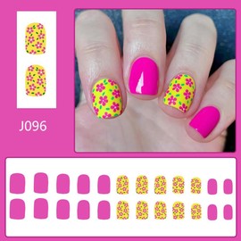 Rose Pink Press on Nails Short Square Fake Nails with Flower Designs Spring False Nails Summer Stick on Nails Cute Glossy Full Cover Reusable Artificial Nails for Women Girls Manicure 24Pcs
