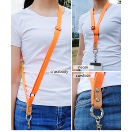 RONGBOER Handmade Cowhide & Wide Soft Polyester Cotton Phone Lanyard, Unique & Versatile Unisex Adjustable Crossbody Neck Strap for Cell Phones, ID Badges, Cameras,R09 (Orange)