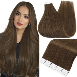 Full Shine Tape in Hair Extensions 16 Inch Natural Invisible Remy Tape in Extensions Human Hair 4 Medium Brown Extensions 20PCS Double Sided Tape Ins Human Hair Extensions 50gram for Wedding