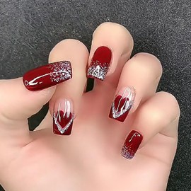 24Pcs Valentine's Day Press on Nails Medium Square Fake Nails with Heart Silver Glitter Design Valentines Glue on Nails Full Cover False Nails Valentines Nails Stick on Nails for Women