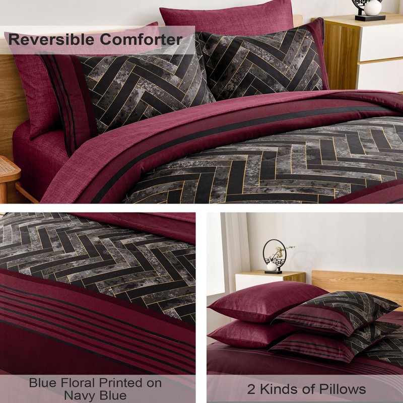 Luxudecor Burgundy Comforter Set Queen Size 7 Pieces Red and