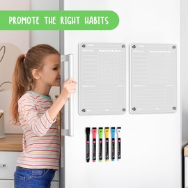 BIROYAL 2 Pcs Acrylic Magnetic Chore Chart for Kids Multiple Kids, 8”x12” Magnetic Chore Chart for Refrigerator, Weekly Dry Erase Chore Board with 6 Markers for Kids and Teens