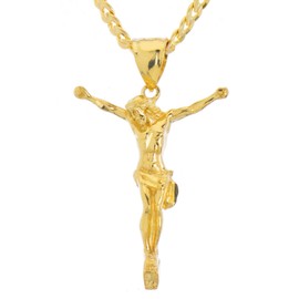 metaltree98 Jesus on Cross Crucified Pendant Diamond Cut Solid Gold Plated 20" Cuban Chain Necklace MPG 009 G (20")