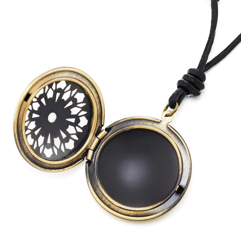 COOLSTEELANDBEYOND Men's Women's Aged Brass Hollow Locket Pendant Necklace with