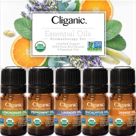 Cliganic Organic Aromatherapy Essential Oils Holiday Gift Set (Top 5), Stocking Stuffer - 100% Pure Natural - Peppermint, Lavender, Eucalyptus, Lemongrass & Orange