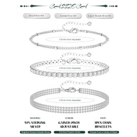 CASSIECA Women's 925 Sterling Silver Bracelets, Silver 925 Bracelet Set, Adjustable, Stackable Chain Bracelet, Jewellery for Women and Girls, Pack of 3, Sterling Silver