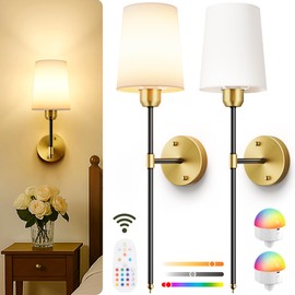 SyncGlow Battery Operated Wall Sconces Set of 2, Black Gold Wireless Wall Lights with Rechargeable Magnetic Bulbs and Remote, Dimmable & 15 RGB Colors Wall Lamps for Bedroom Living Room Hallway Decor