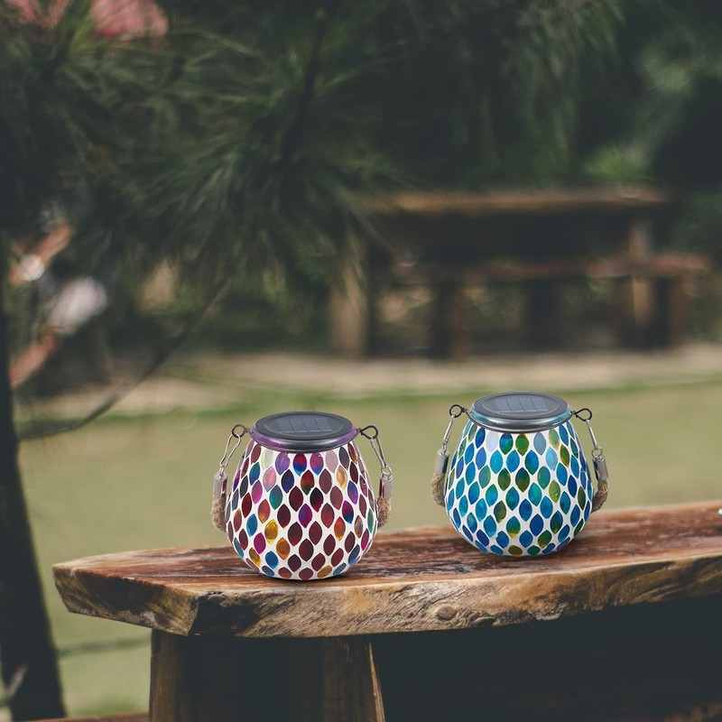 Zarmanuae Mosaic Solar Lanterns Outdoor Hanging Lights, Red & Blue
