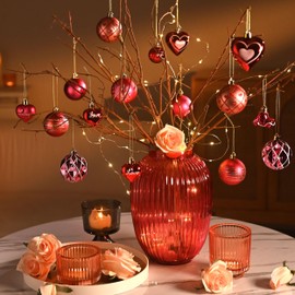 DecorbyHannah Valentines Day Christmas Tree Decorations, 21ct Hot Pink Red Heart Ornaments for Small Christmas Tree, Shatterproof Hanging Ornament Set for Romantic Valentine's Day Wedding Decor