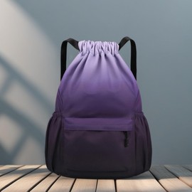 Drawstring Backpack Bag with Front Pocket Waterproof Oxford Cloth, Lightweight Gym Sack for Sports and Travel (Grey Black, Large)